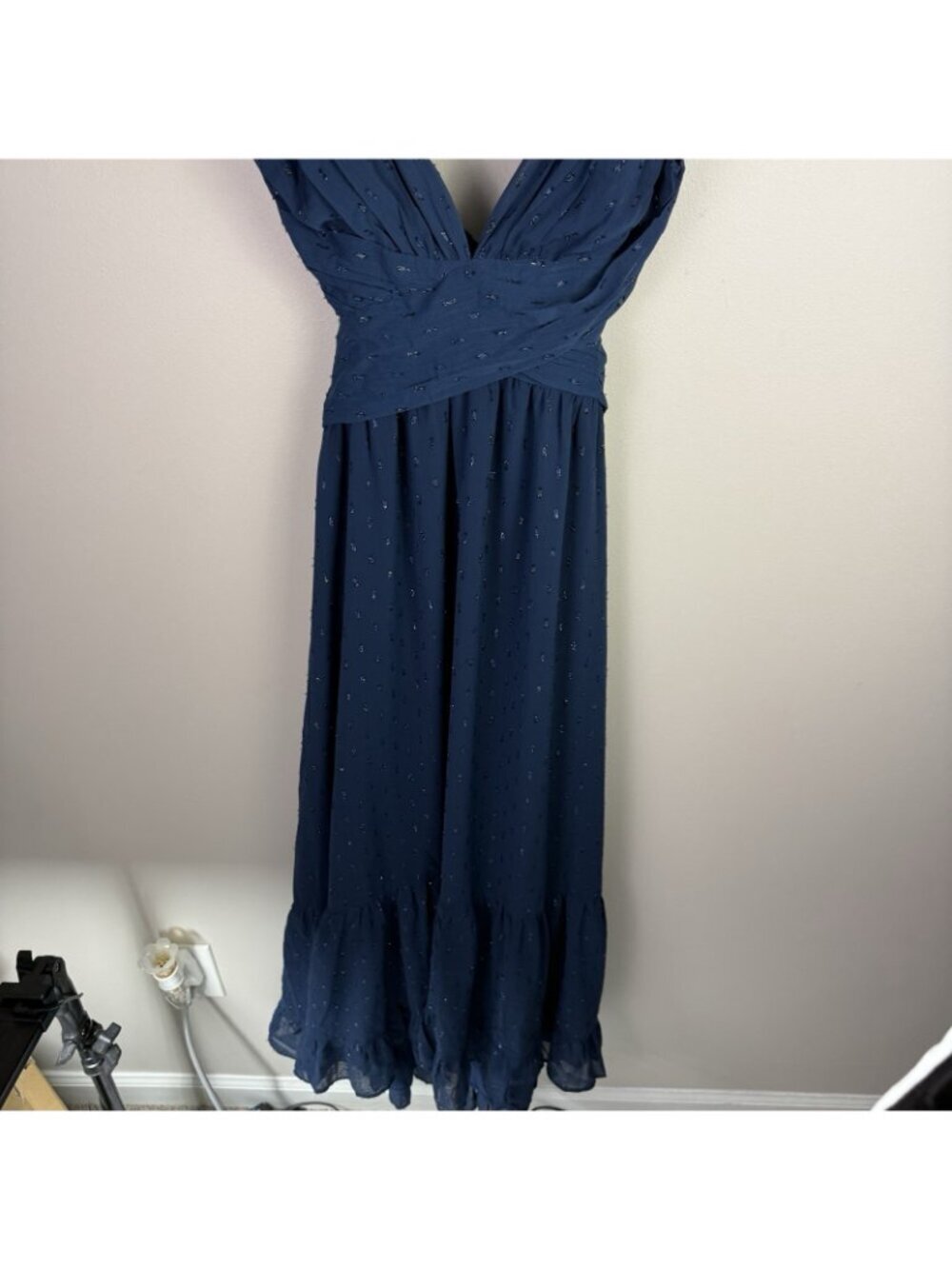Petal + Pup Navy Glitter Ruffle Maxi Dress Deep V Lace Up Back Gala Sz L - Picture 6 of 12